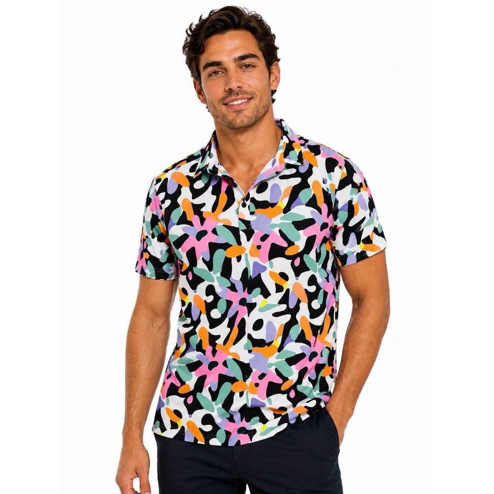 Sunday Swagger Mens Golf Polo Shirt Abstract Multicolor Print Size M